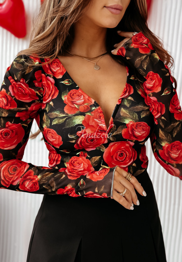 Geblümte Bluse mit Ausschnitt Roses Are Red Schwarz-Rot