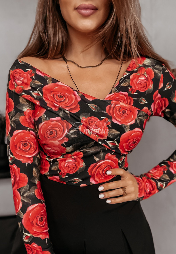 One Shoulder Bluse mit Blumenmuster Roses Are Red Schwarz-Rot