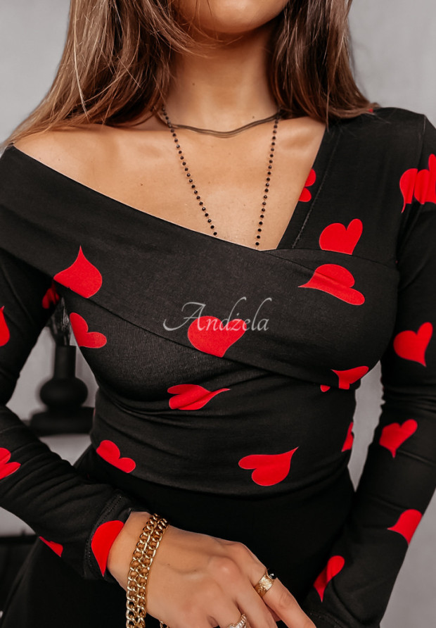 One-Shoulder-Bluse mit Herzmuster Pure Love Schwarz-Rot
