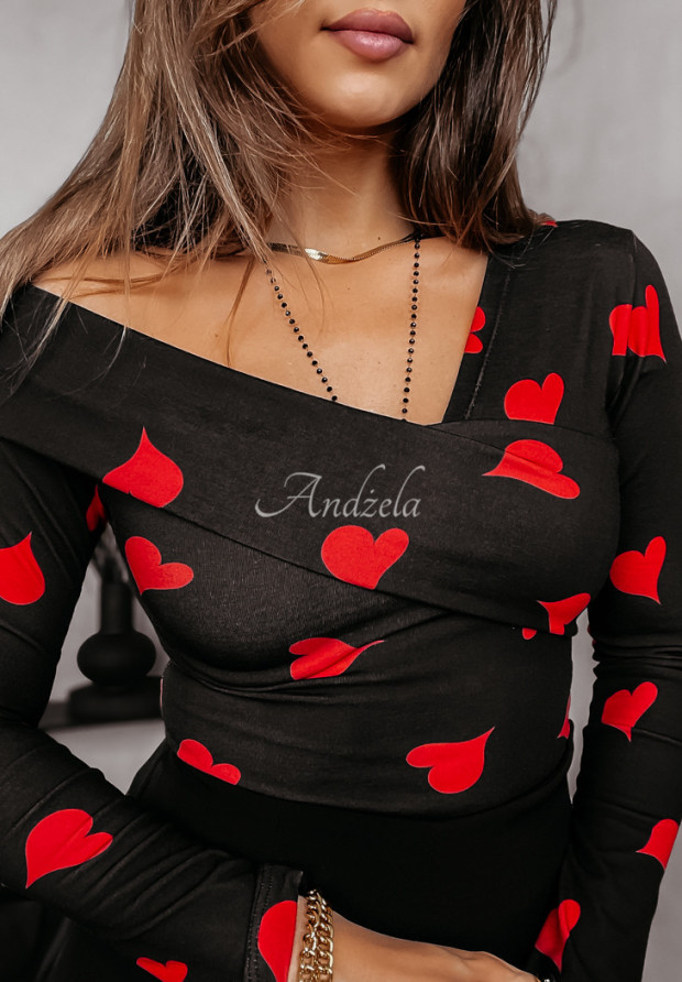 One-Shoulder-Bluse mit Herzmuster Pure Love Schwarz-Rot