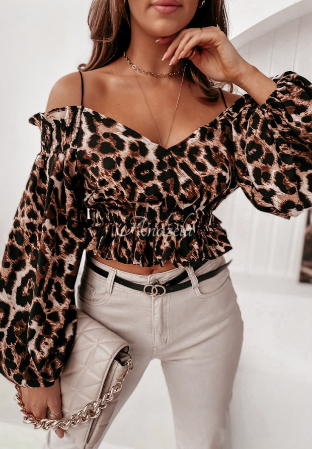 Kurze Bluse im spanischen Stil Puerta Leopardenmuste