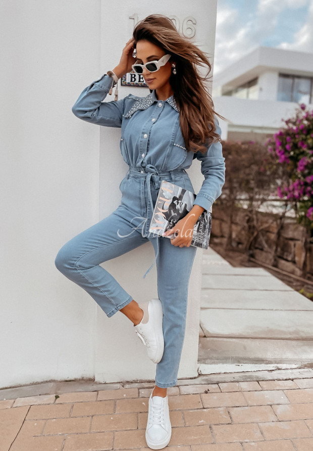 Langer Jeans-Overall mit Strasssteinen Denim Look Blau