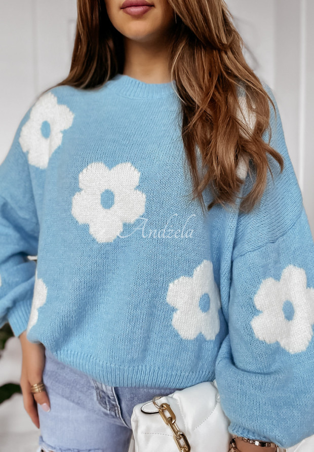 Oversized Pullover mit Blumenmuster Lady Flora blau-weiß