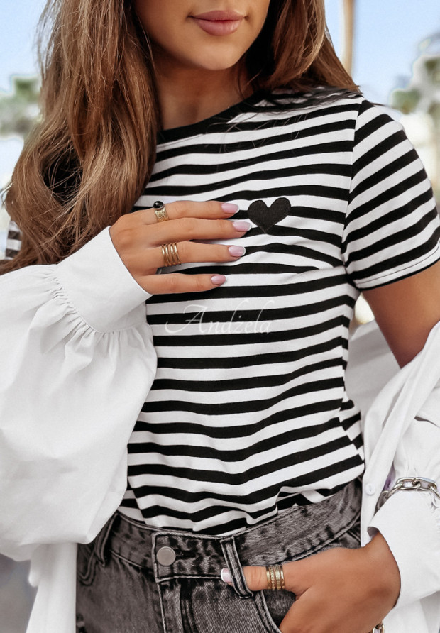Gestreiftes T-Shirt mit Herz Love Spell Weiß-Schwarz