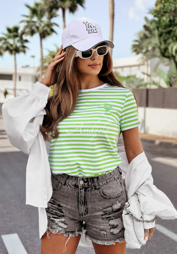 Gestreiftes T-Shirt mit Herz Love Spell Weiß-Grün