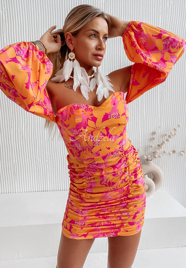 Kleid mit Blumenmuster im spanischen Stil mit Falten Roselia Orange