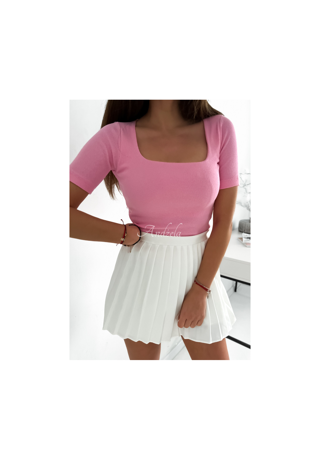 Gerippte Bluse mit quadratischem Ausschnitt Trust Yourself Rosa