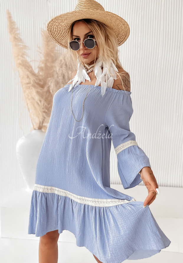 Off-Shoulder-Kleid aus Musselin boho Into The Sun Blau