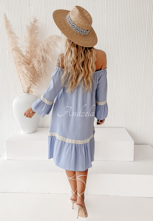 Off-Shoulder-Kleid aus Musselin boho Into The Sun Blau