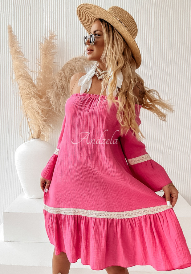 Off-Shoulder-Kleid aus Musselin boho Into The Sun Rosa