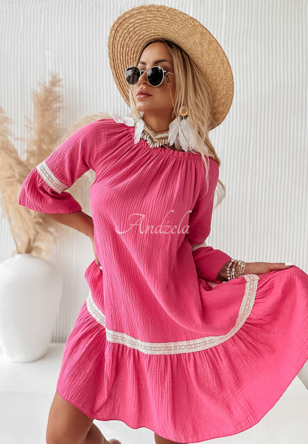 Off-Shoulder-Kleid aus Musselin boho Into The Sun Rosa