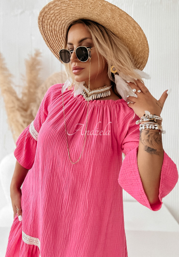 Off-Shoulder-Kleid aus Musselin boho Into The Sun Rosa