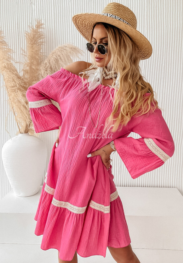 Off-Shoulder-Kleid aus Musselin boho Into The Sun Rosa