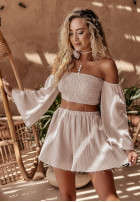 Krótka muślinowa Bluse Kleid im spanischen Stil Aloha Beaches Beige
