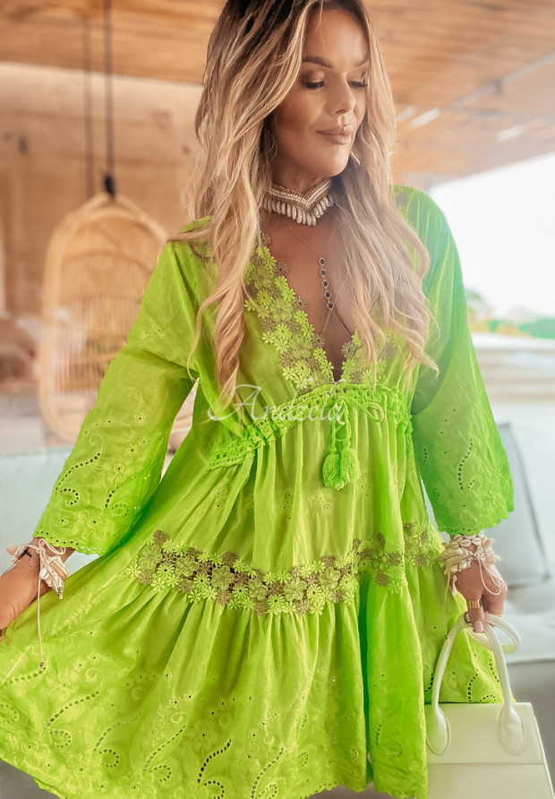 Tunikakleid mit Spitze boho Costa Rica Limette