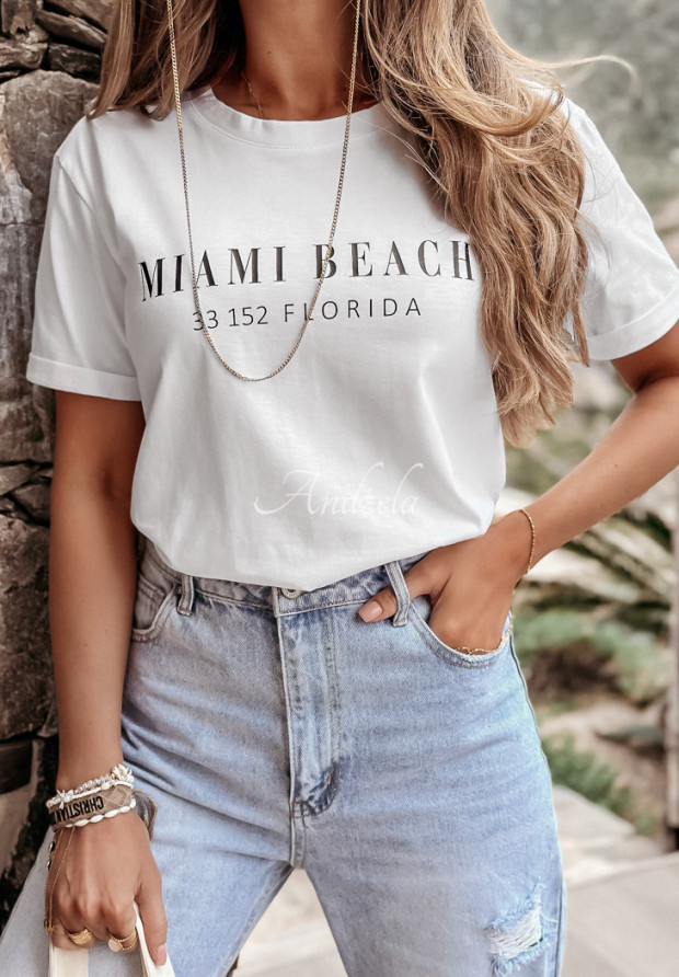 T-Shirt mit Aufdruck Miami Beach Florida Weiß