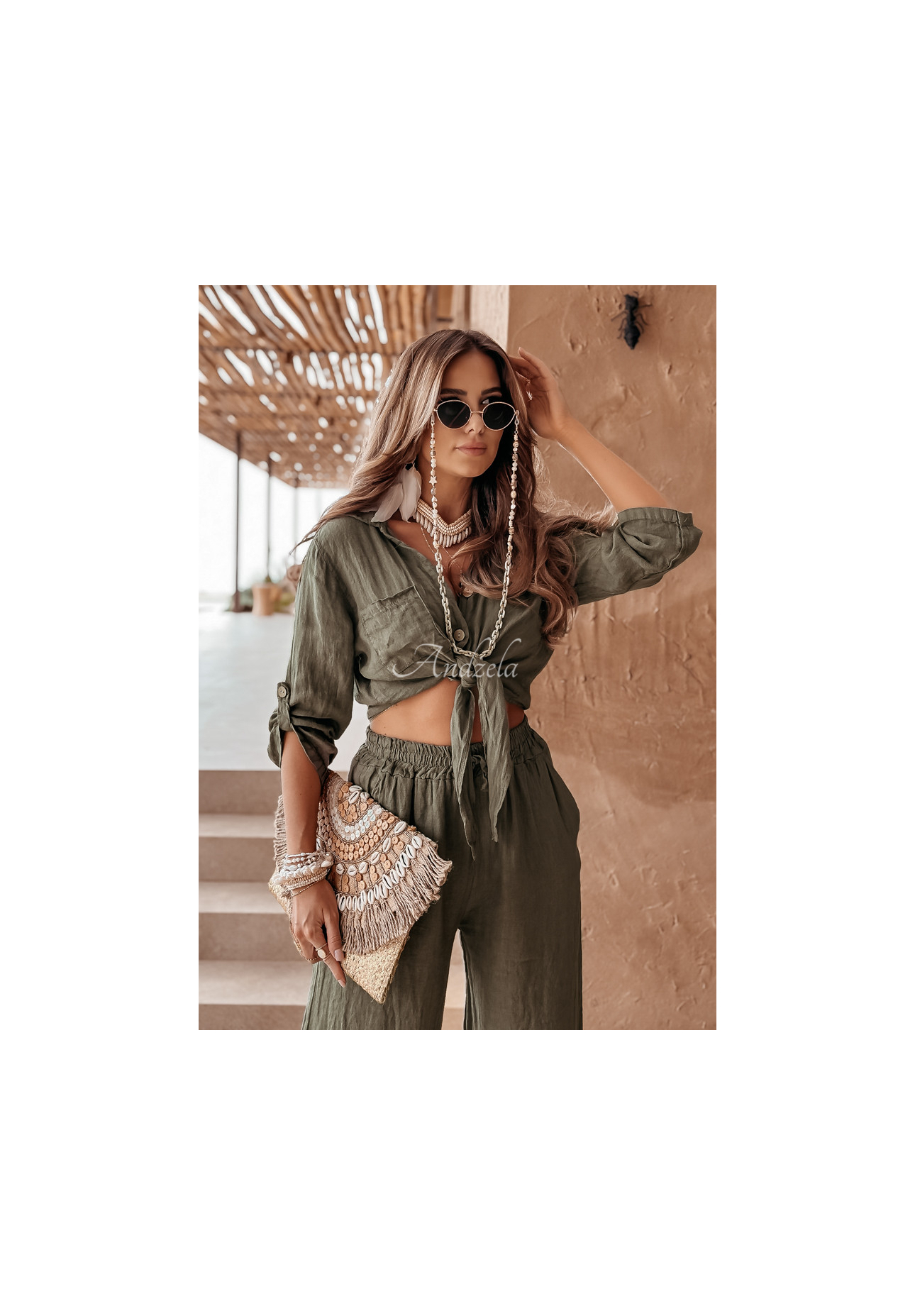 Kurzes Leinenhemd mit Bindung Summery Essentials Khaki