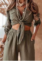 short lniana Shirt z wiązaniem Summery Essentials in khaki green