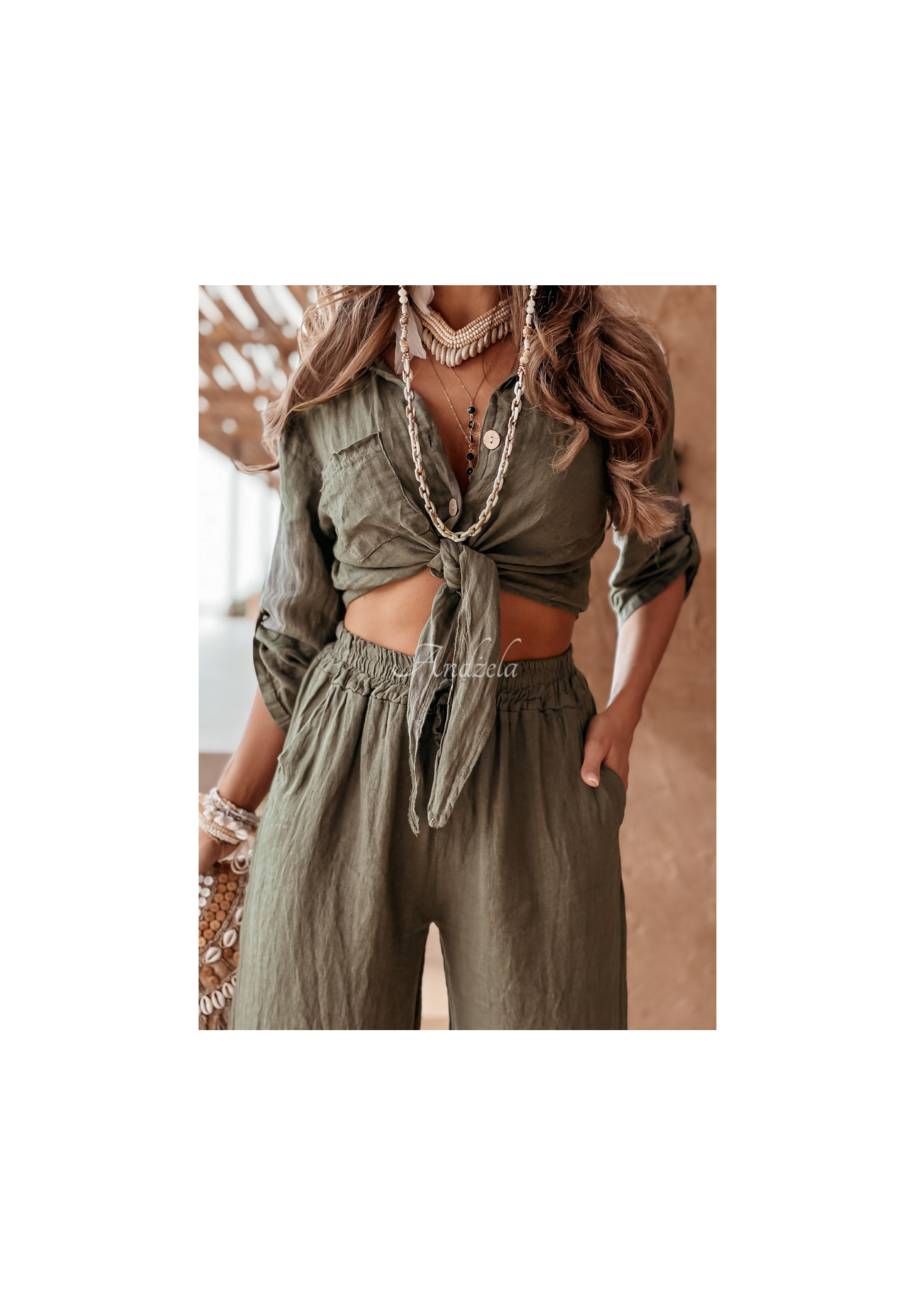 Kurzes Leinenhemd mit Bindung Summery Essentials Khaki