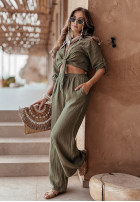 short lniana Shirt z wiązaniem Summery Essentials in khaki green