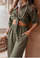 short lniana Shirt z wiązaniem Summery Essentials in khaki green