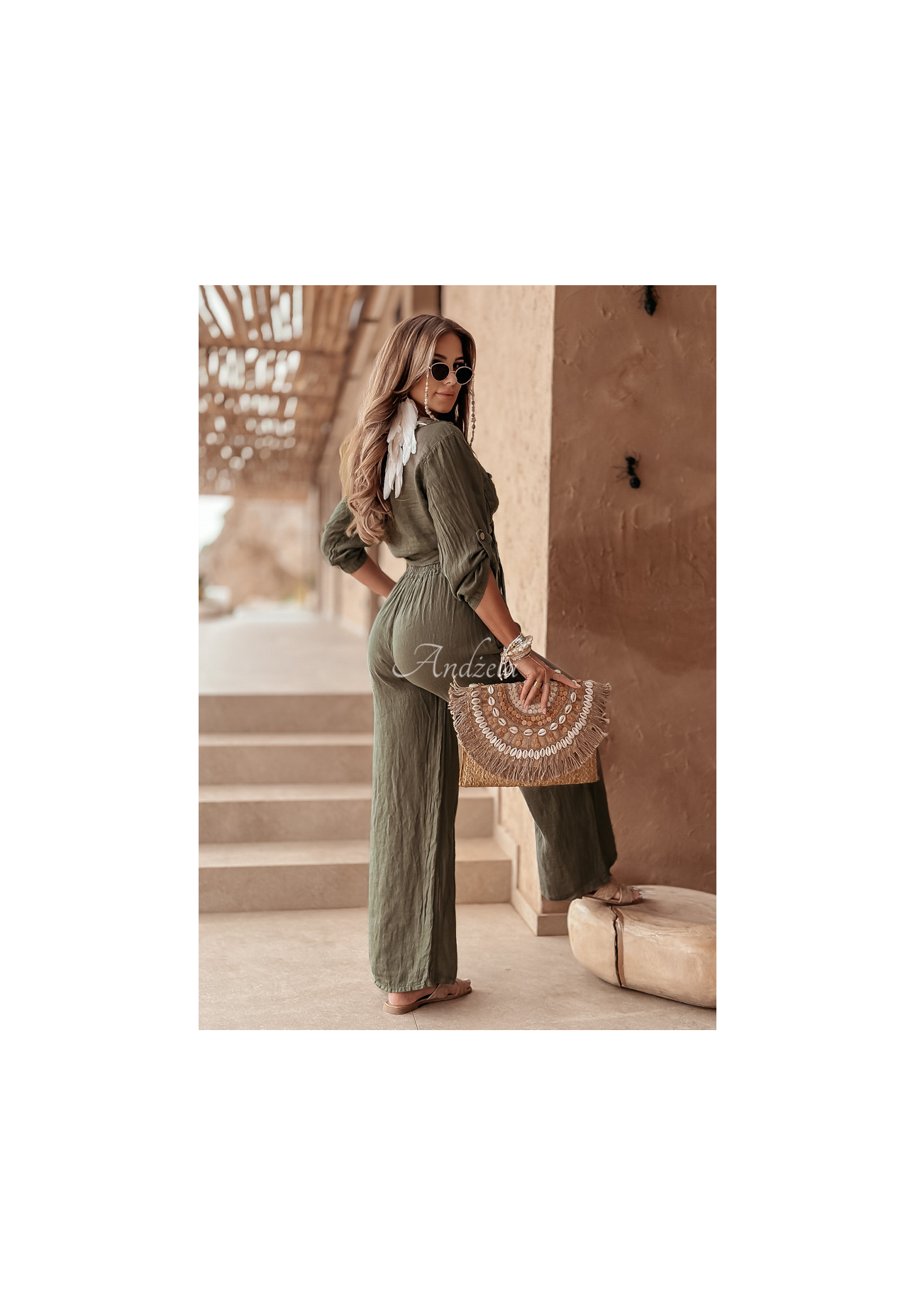 Kurzes Leinenhemd mit Bindung Summery Essentials Khaki