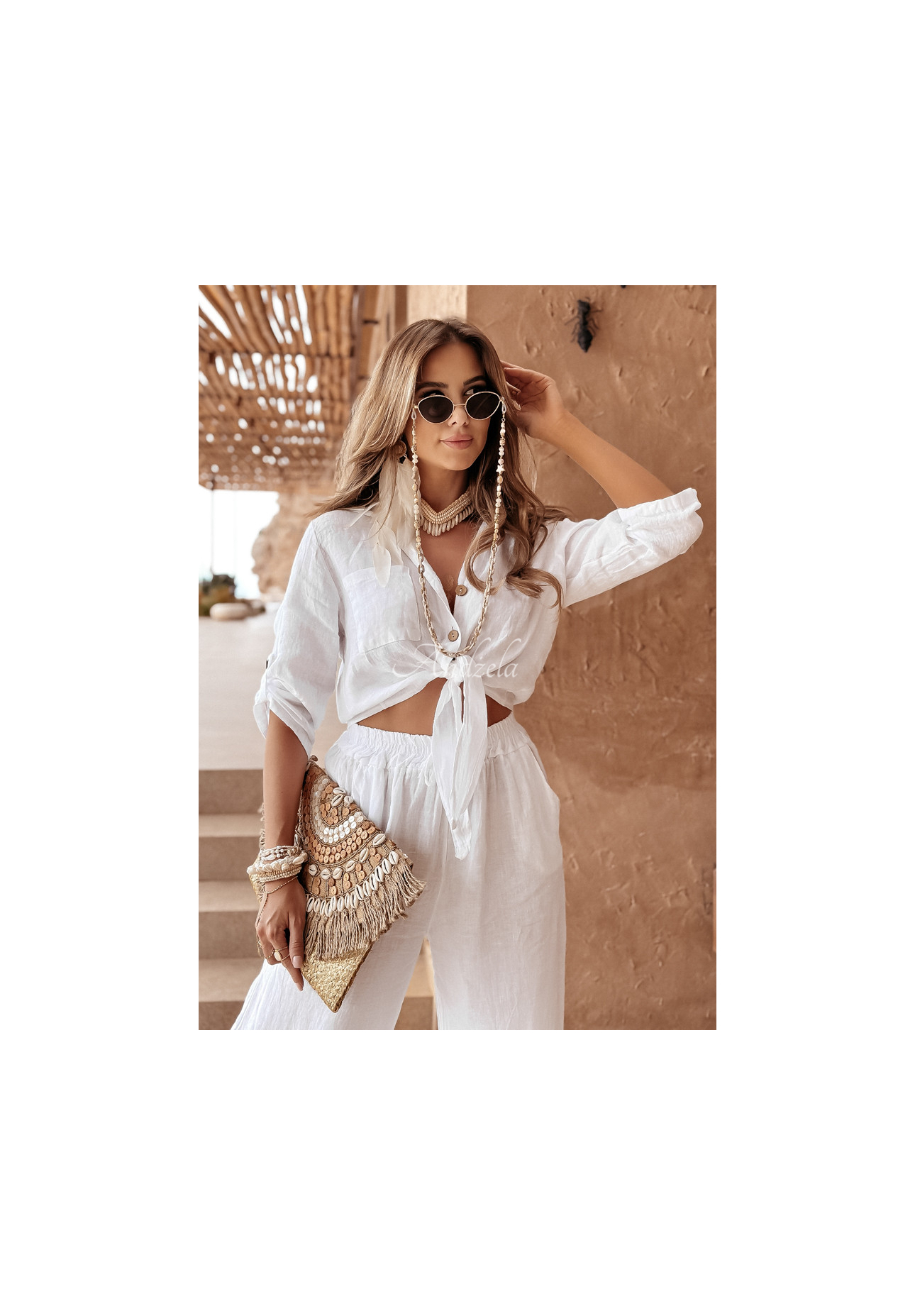 Kurzes Leinenhemd mit Bindung Summery Essentials Ecru