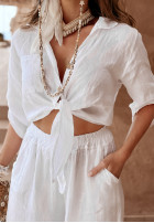 short lniana Shirt z wiązaniem Summery Essentials in ecru