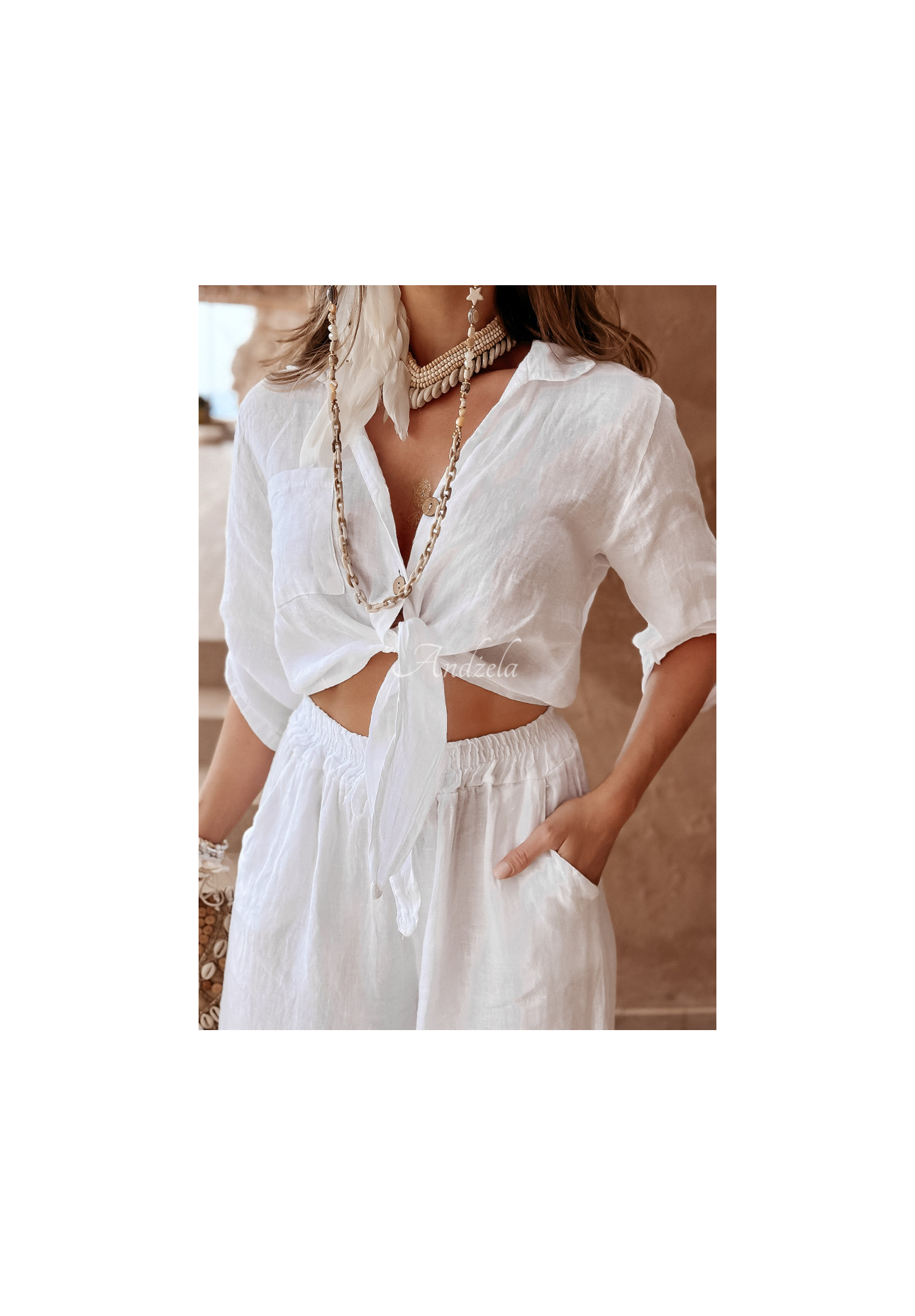 Kurzes Leinenhemd mit Bindung Summery Essentials Ecru