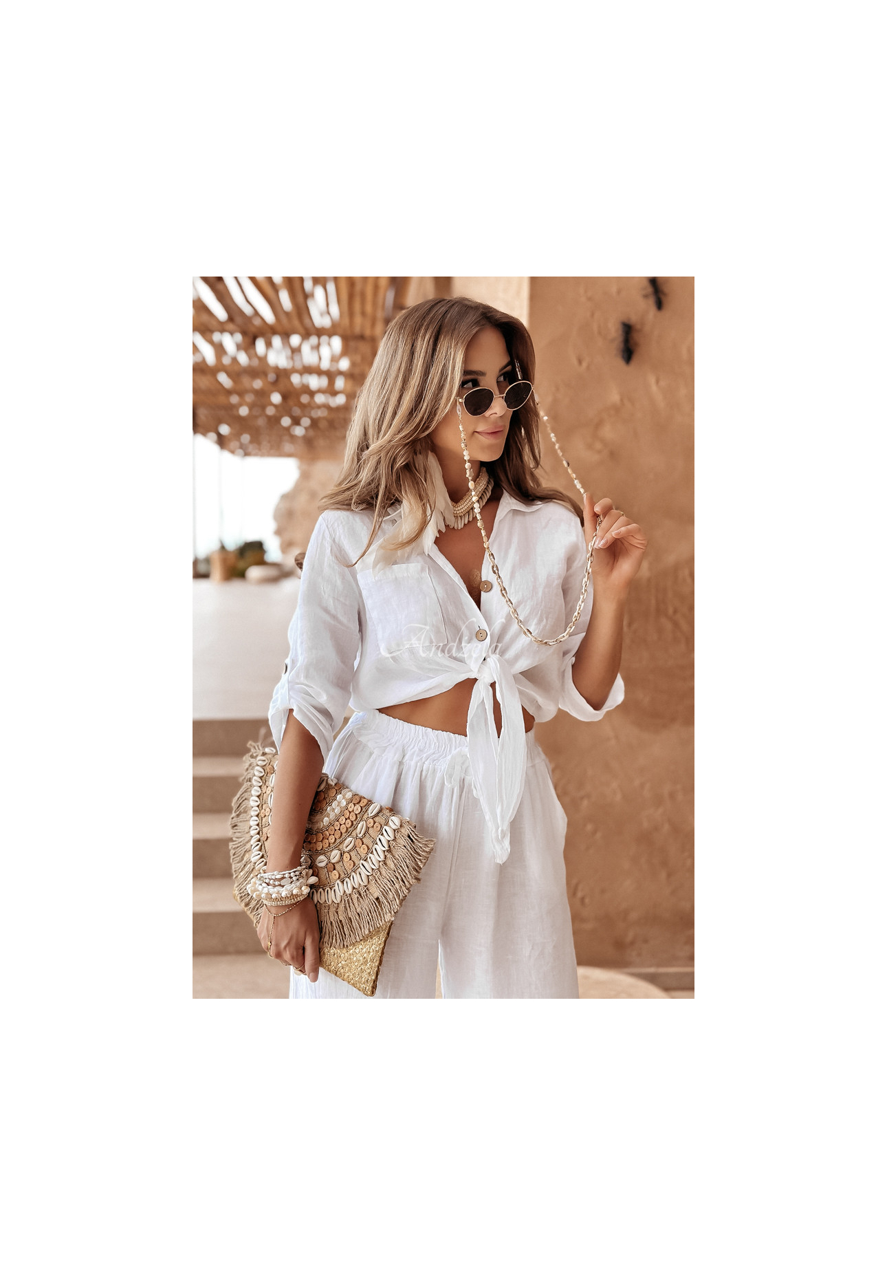 Kurzes Leinenhemd mit Bindung Summery Essentials Ecru