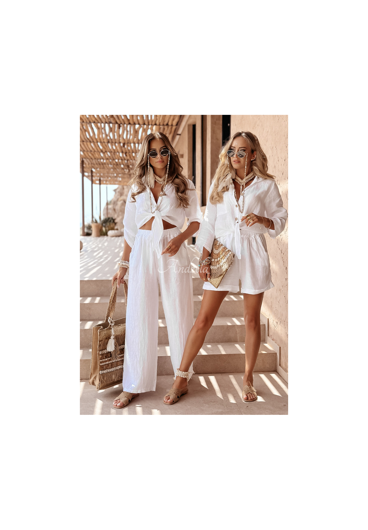 Kurzes Leinenhemd mit Bindung Summery Essentials Ecru