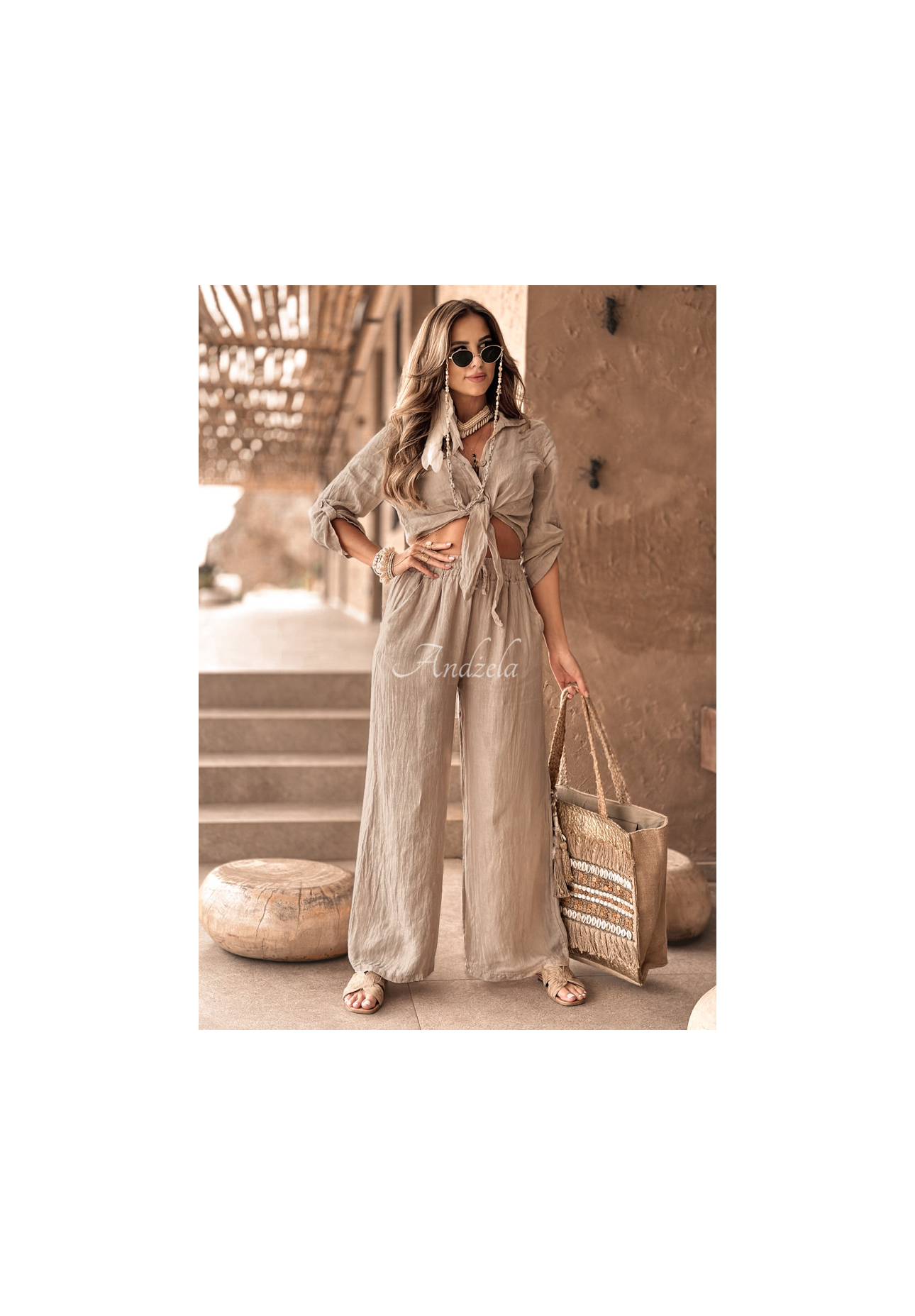 Kurzes Leinenhemd mit Bindung Summery Essentials Beige