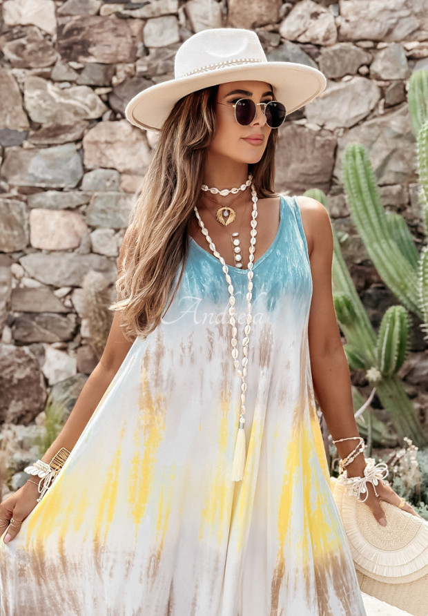 Maxi Kleid tie dye Beach Style Blau-Gelb