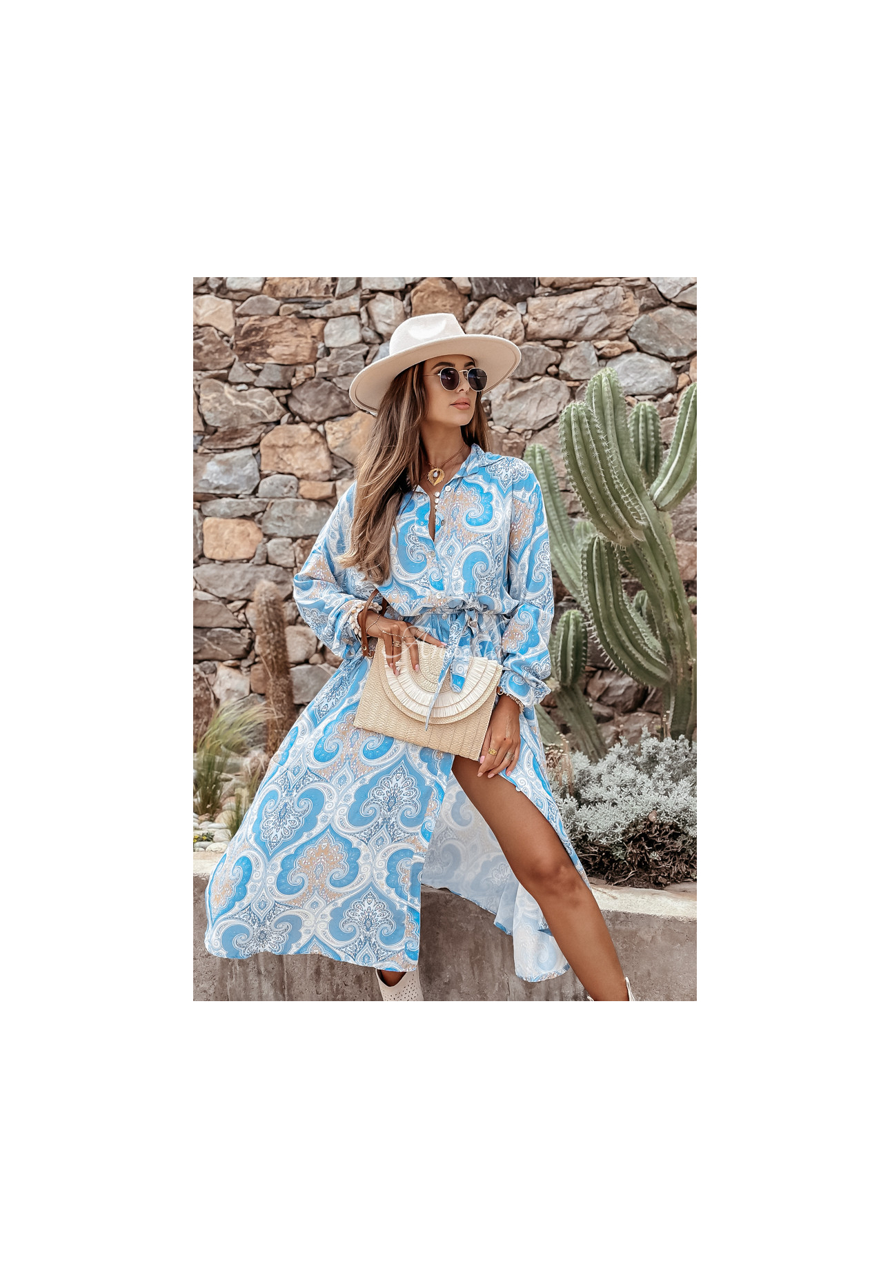 Gemustertes Kleid mit Gürtel Arabella Himmelblau