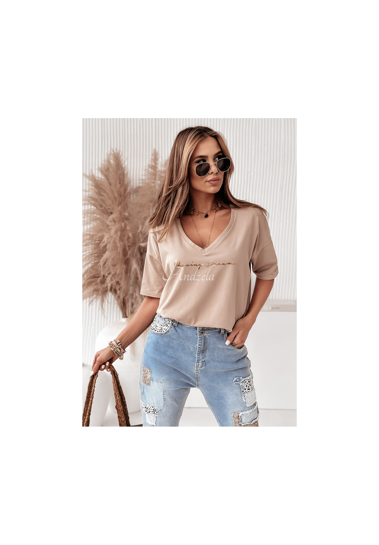 Oversize-Shirtbluse Chasing Dreams Beige