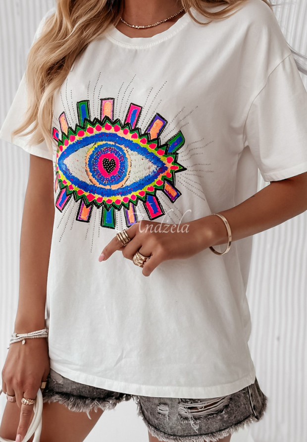T-Shirt mit dekorativer Applikation Colorful Eye Ecru