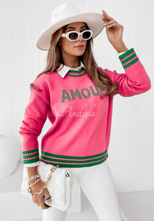 Pullover mit Aufschrift Amour rosa-grün