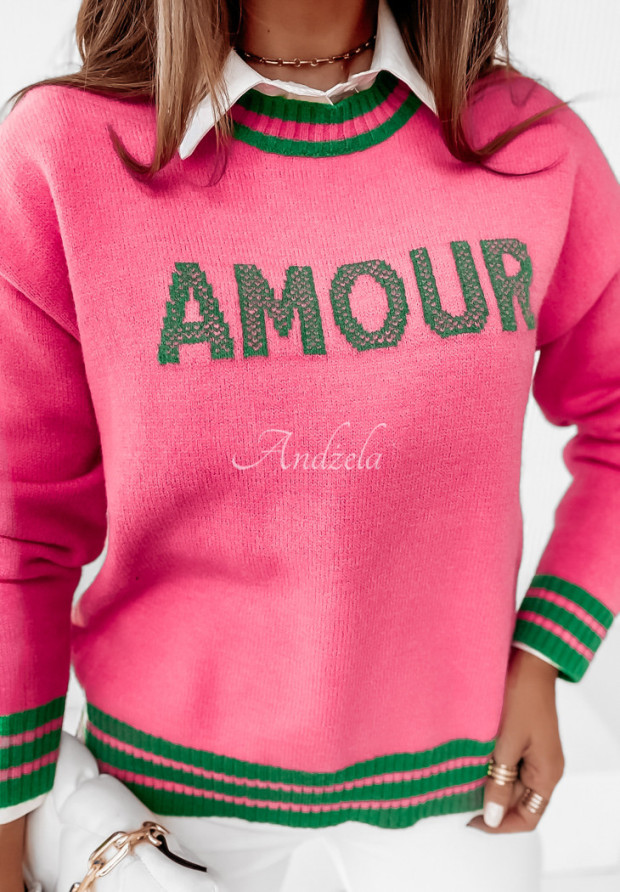 Pullover mit Aufschrift Amour rosa-grün