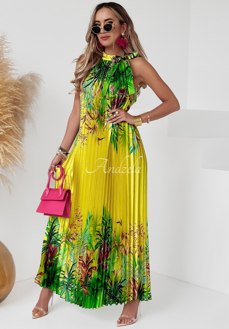 Plisowana sukienka maxi we wzory Paradise Days żółta