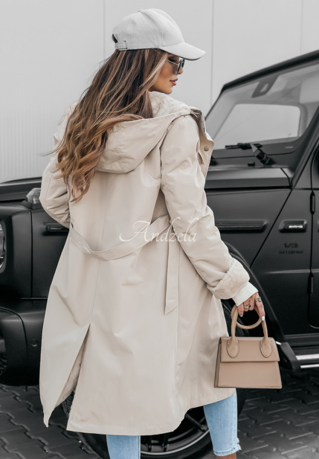 Lange Jacke mit Fell und Gürtel Da Silva Beige