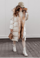 Długa Pikowana Jacke z futerkiem Ice Queen Beige