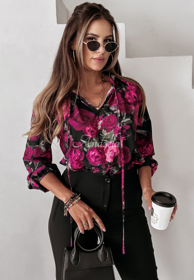 Bluse mit Blumenmuster und Bindeband Rosine schwarz-rosa