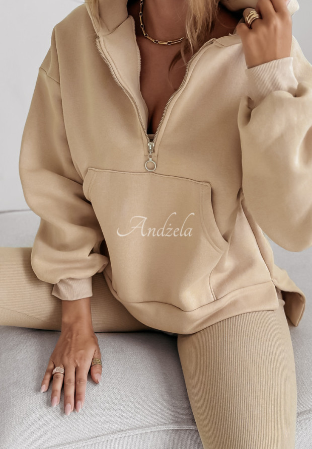 Trainingsanzug-Set 3in1 Kapuzenpullover, Leggings und Top Classic Comfort Beige