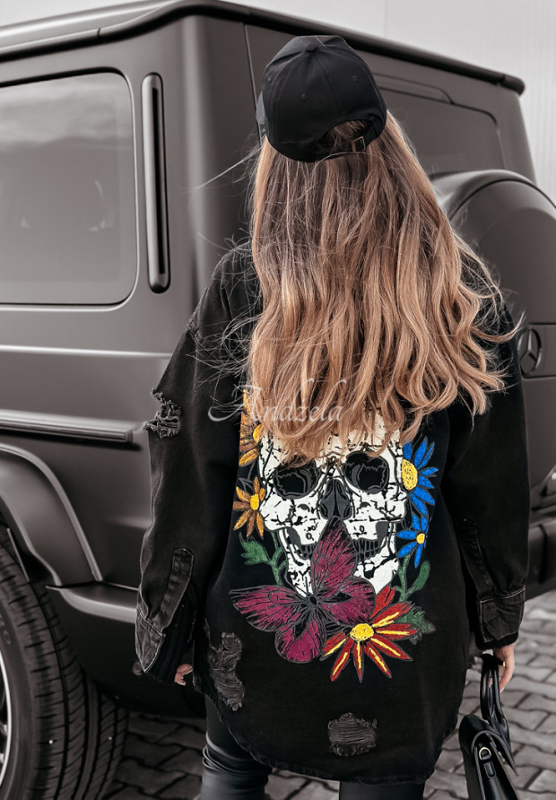 Lange Jeansjacke mit Destroyed-Effekten und Print Flowers Skull Schwarz