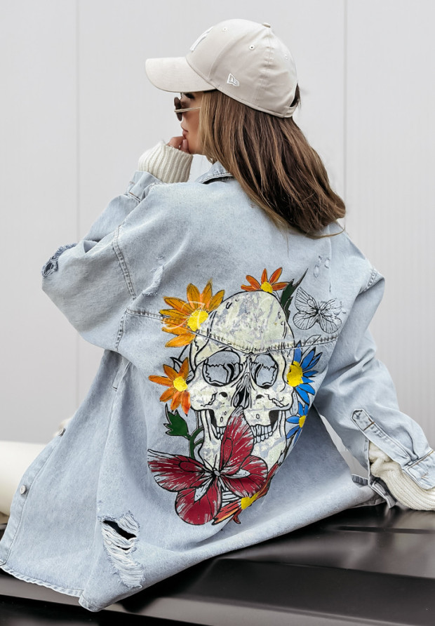 Lange Jeansjacke mit Destroyed-Effekten und Print Flowers Skull hellblau