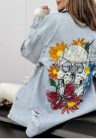 Długa Jacke Jeans z przetarciami i nadrukiem Flowers Skull jasnoniebieska