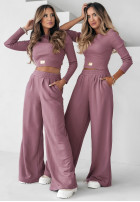Set prążkowana Blouse i Trousers wide leg Don’t Stop in dusty rose