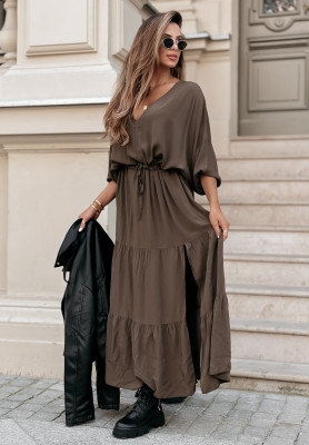 Viskose-Maxikleid mit R&uuml;schen Colletta Braun