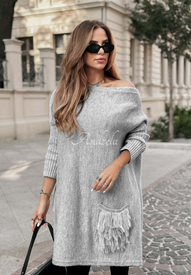 Oversize-Pulloverkleid mit Fransen Hot Tea Grau