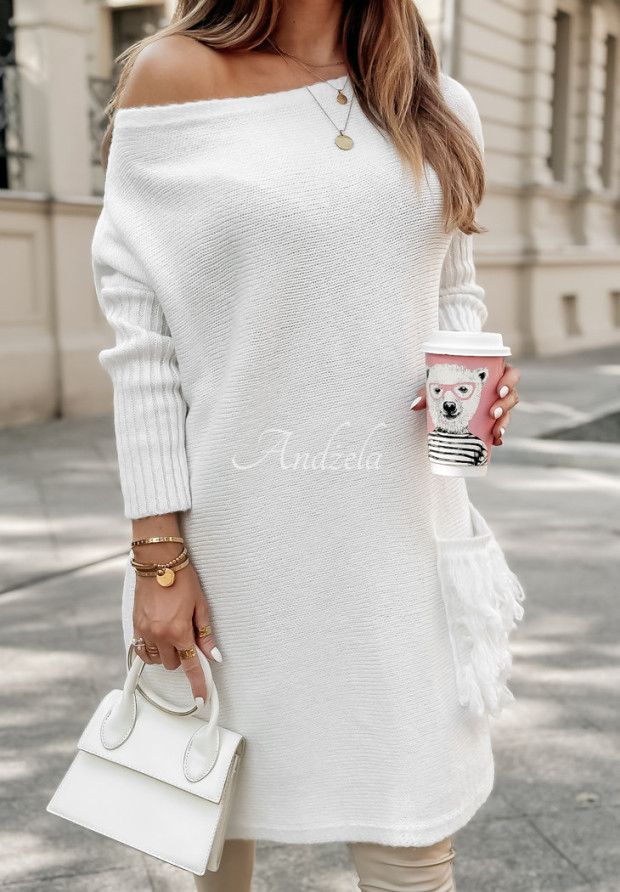Oversize-Pulloverkleid mit Fransen Hot Tea Ecru